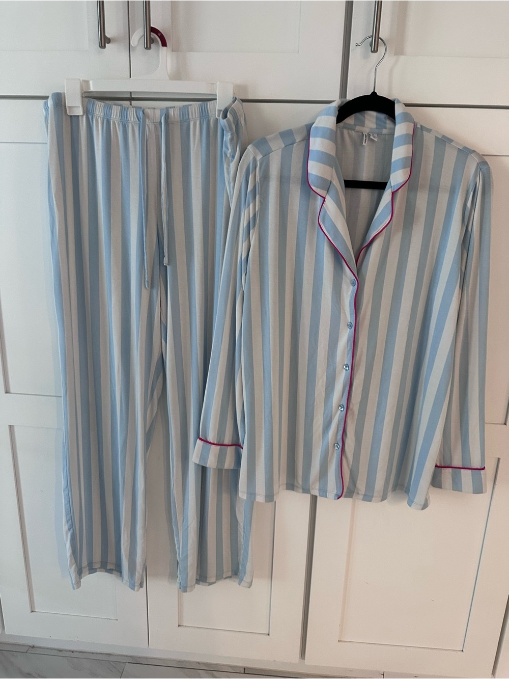 Nordstrom Light Blue, White and Pink-Trim Striped Pajama Set